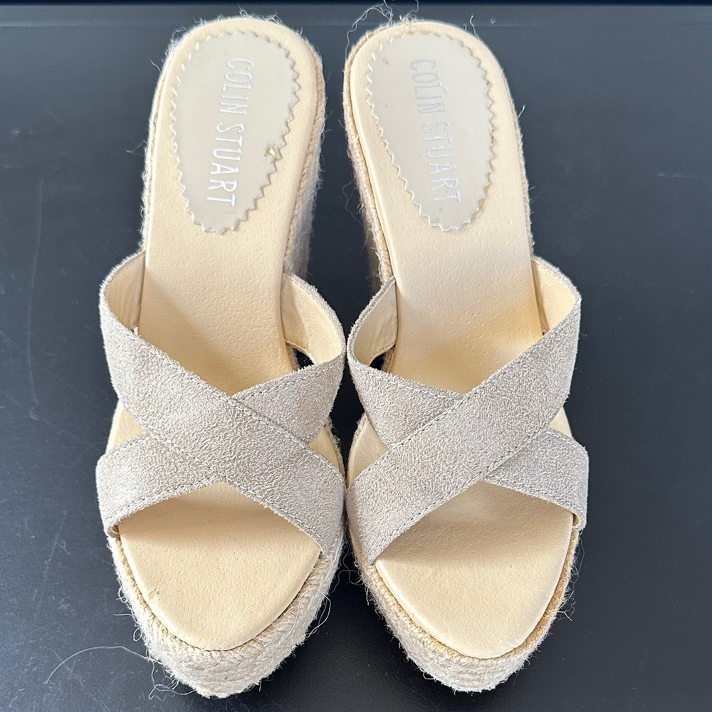 Colin Stuart Beige Suede Crisscross Espadrille Wedges